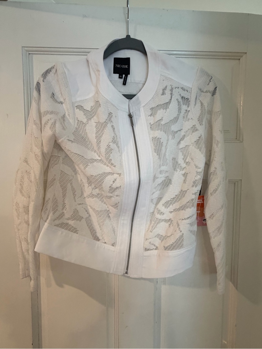 NIC+ZOE White Lace Zip-Front Bomber Jacket